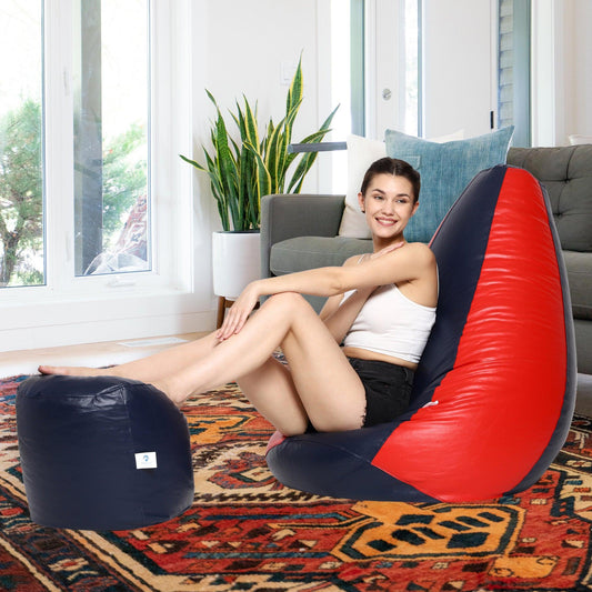 AARIJ MART LUXURIOUSNESS - Bean Bag with Footstool with Beans Filled, Size - XXXL, Colour- (Navy Blue + Red) - AARIJ MART