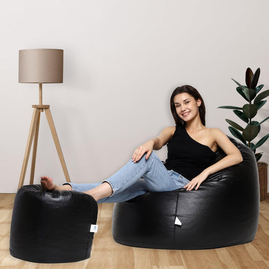 AARIJ MART LUXURIOUSNESS - Mudda Bean Bag Boss Chair with Footstool with Beans Filled, Size - XXXL, Colour- (Black Piping Stylish looks) - AARIJ MART