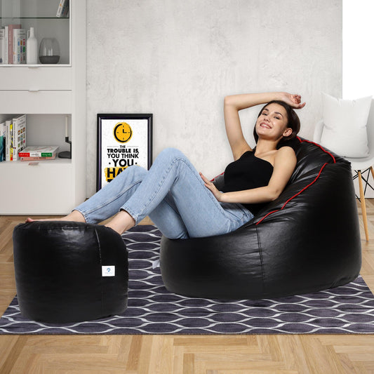 AARIJ MART LUXURIOUSNESS - Mudda Bean Bag Boss Chair with Footstool with Beans Filled, Size - XXXL, Colour- (Black With Red Piping Stylish looks) - AARIJ MART