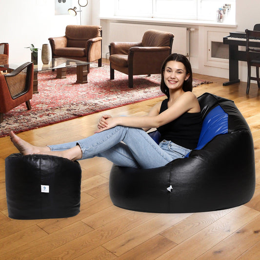 AARIJ MART LUXURIOUSNESS - Mudda Bean Bag Boss Chair with Footstool with Beans Filled, Size - XXXL, Colour- (Blue & Black With Stylish looks) - AARIJ MART