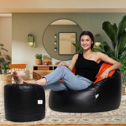 AARIJ MART LUXURIOUSNESS - Mudda Bean Bag Boss Chair with Footstool with Beans Filled, Size - XXXL, Colour- (Orange & Black With Stylish looks) - AARIJ MART