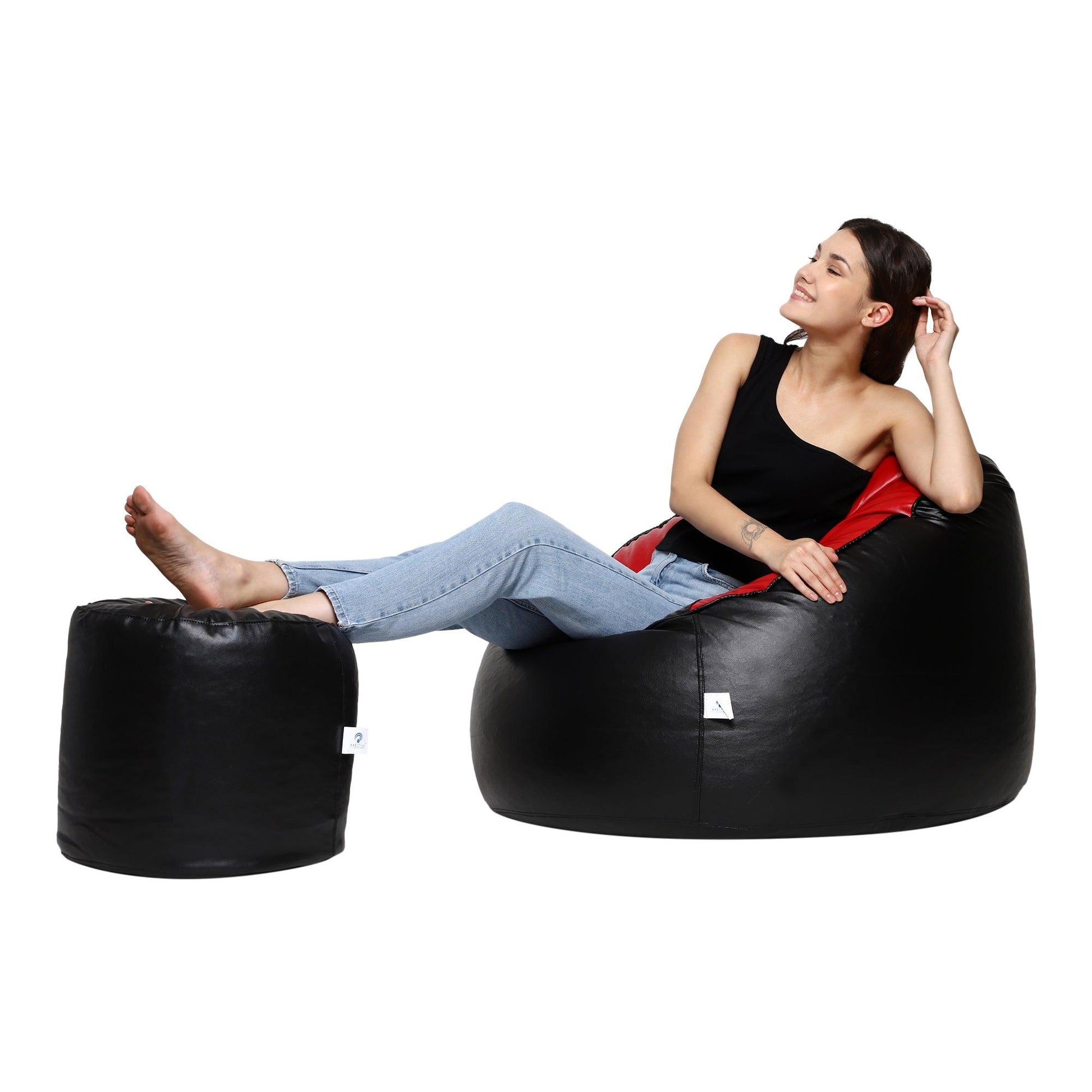 AARIJ MART LUXURIOUSNESS - Mudda Bean Bag Boss Chair with Footstool with Beans Filled, Size - XXXL, Colour- (Red & Black With Stylish looks) - AARIJ MART