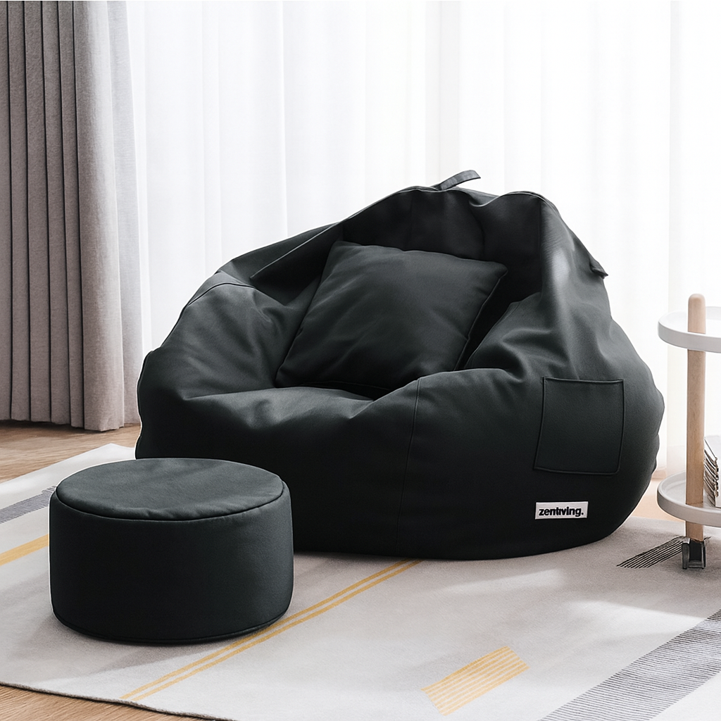 ZenLiving® 3XL Filled Bean Bag Combo – Faux Leather | Black | Footrest + Cushion Zen Living