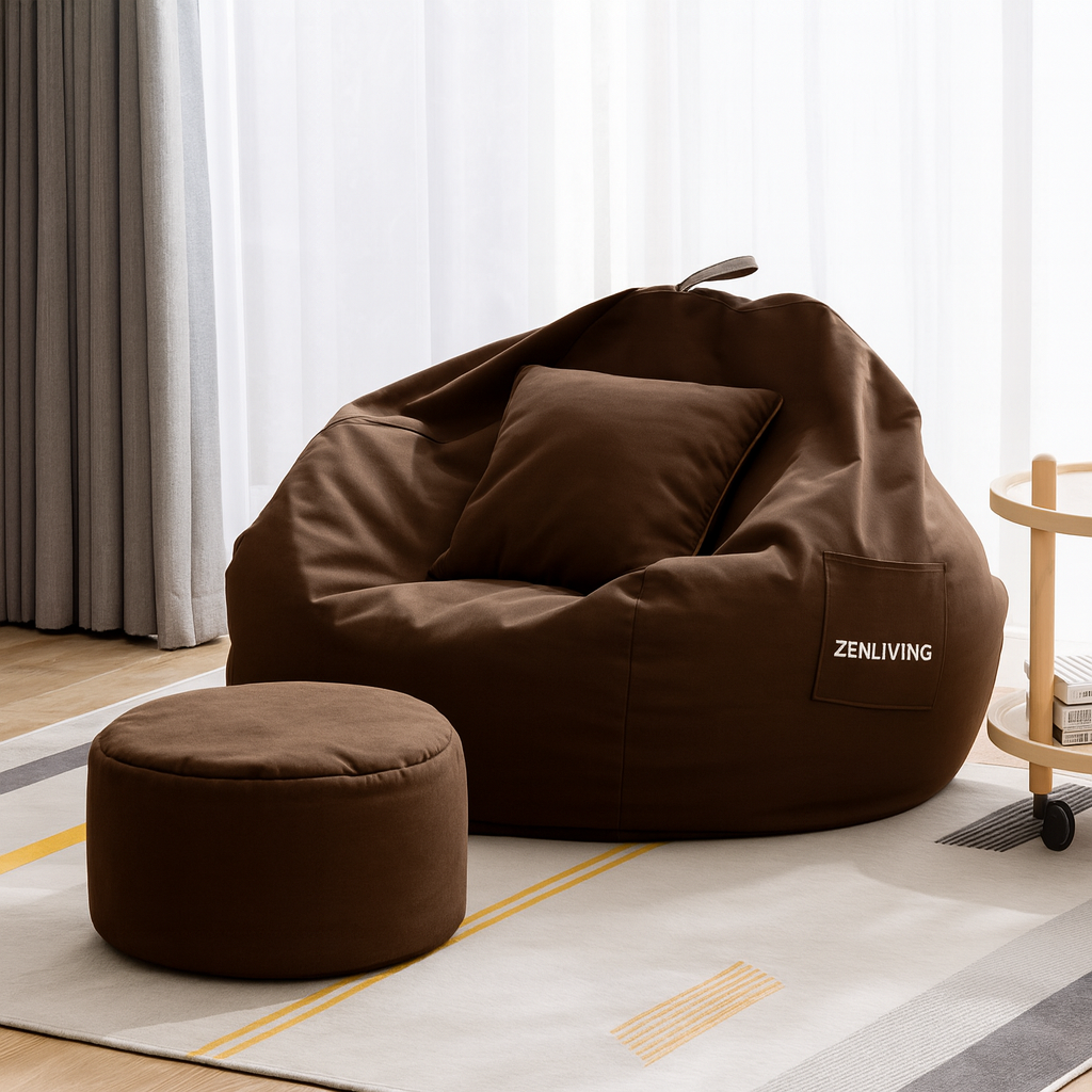 ZenLiving® 3XL Filled Bean Bag Combo – Faux Leather | Brown | Footrest + Cushion Zen Living