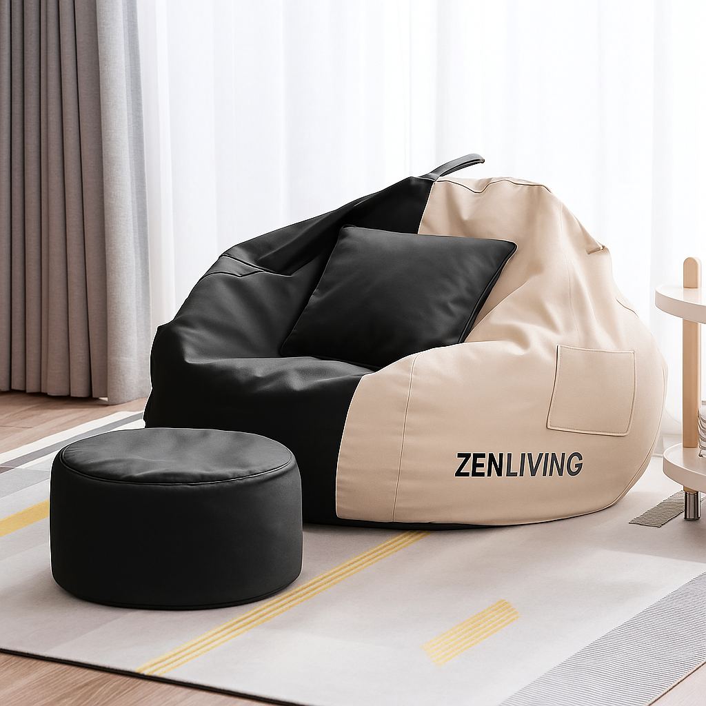 ZenLiving® 3XL Filled Bean Bag Combo – Faux Leather | Cream & Black | Footrest + Cushion Zen Living