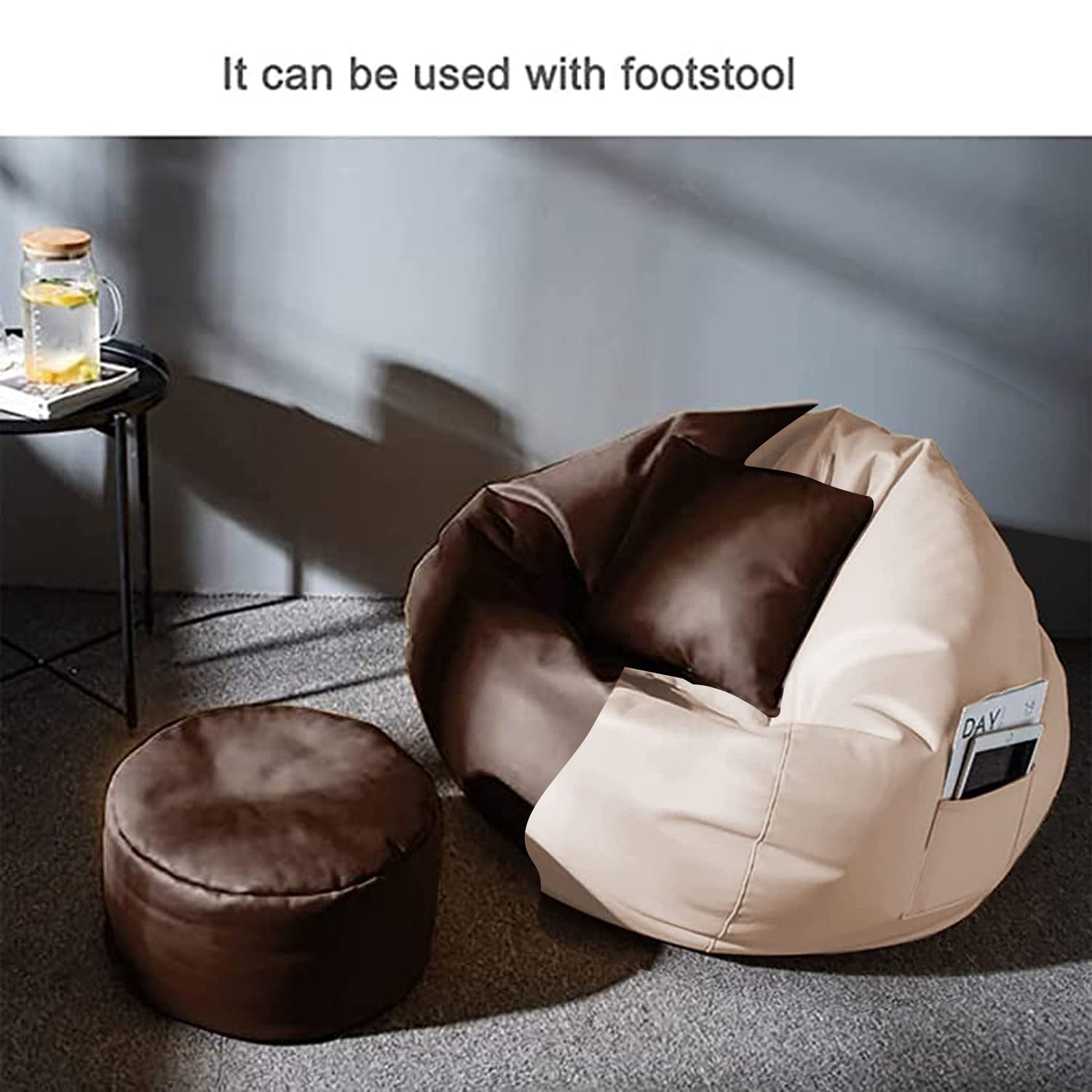 ZenLiving® 3XL Filled Bean Bag Combo – Faux Leather | Cream & Brown | Footrest + Cushion Zen Living