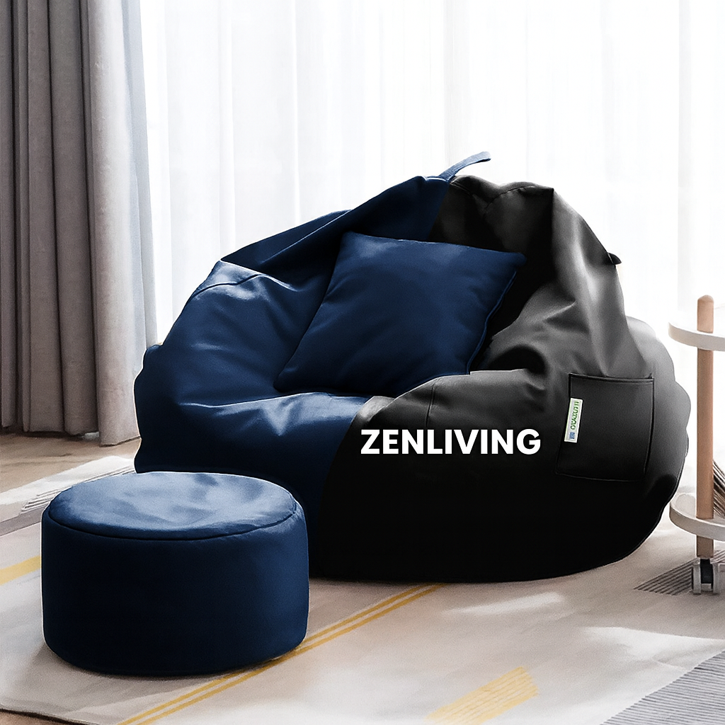 ZenLiving® 3XL Filled Bean Bag Combo – Faux Leather | Navy Blue & Black | Footrest + Cushion Zen Living
