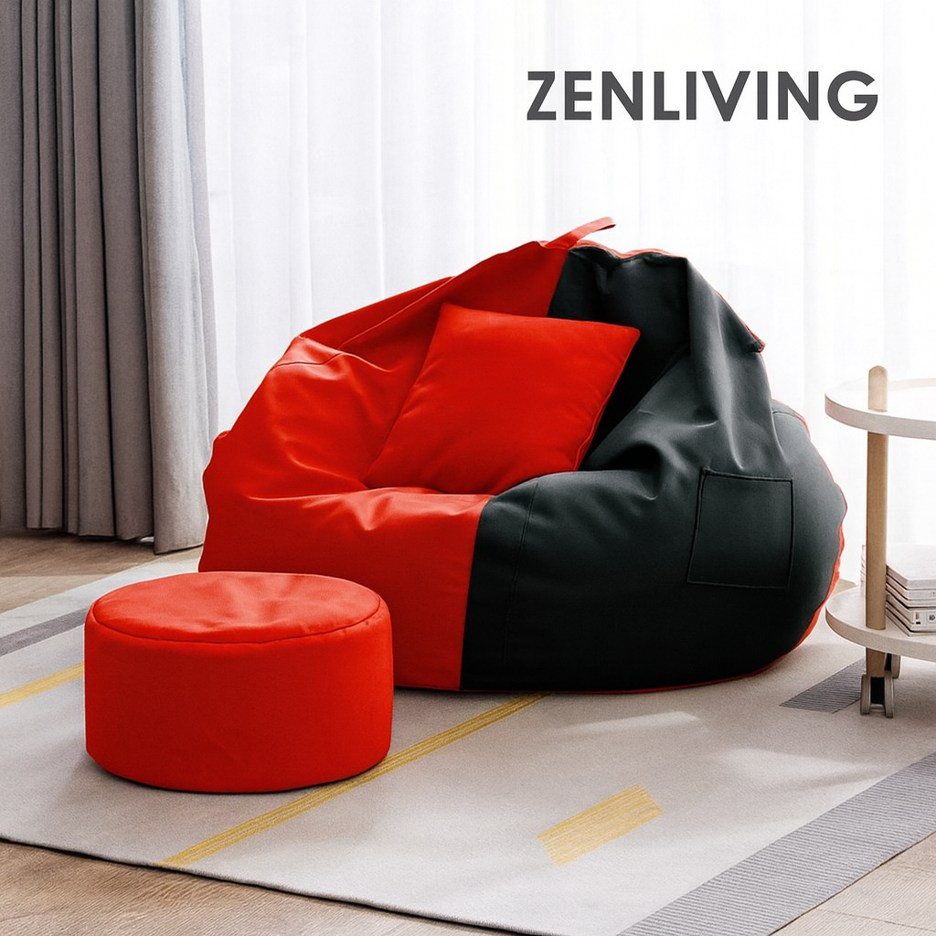 ZenLiving® 3XL Filled Bean Bag Combo – Faux Leather | Red & Black | Footrest + Cushion Zen Living