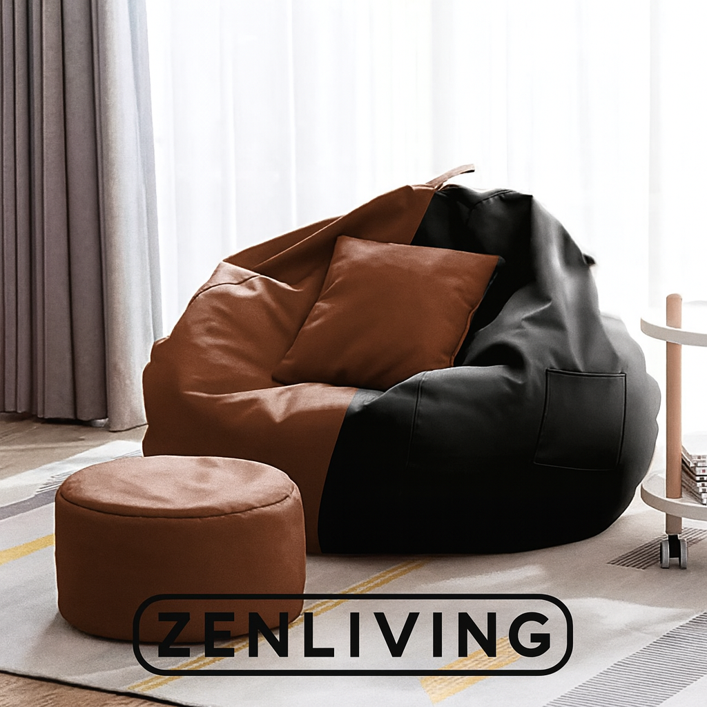ZenLiving® 3XL Filled Bean Bag Combo – Faux Leather | Tan & Black | Footrest + Cushion (Copy) Zen Living