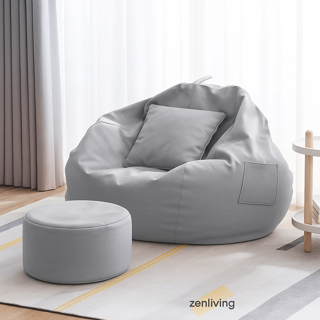 ZenLiving® 4XL Filled Bean Bag Combo – Faux Leather | Grey | Footrest + Cushion Zen Living