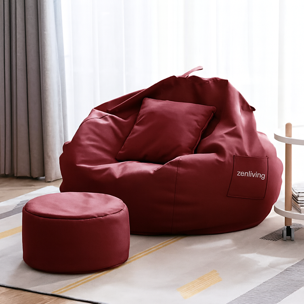 ZenLiving® 4XL Filled Bean Bag Combo – Faux Leather | Maroon | Footrest + Cushion Zen Living